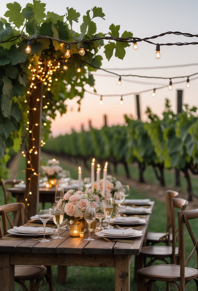 Outdoor vineyard decorated with grapevine string lights and wooden tables set for a party at dusk.