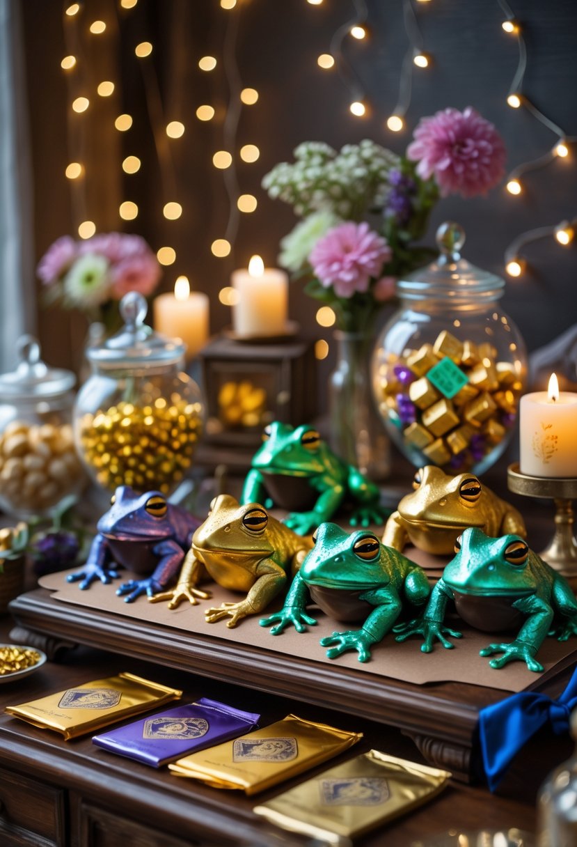 A table set with chocolate frogs wrapped in colorful foil, surrounded by jars of candy and magical-themed decorations for a bachelorette party.