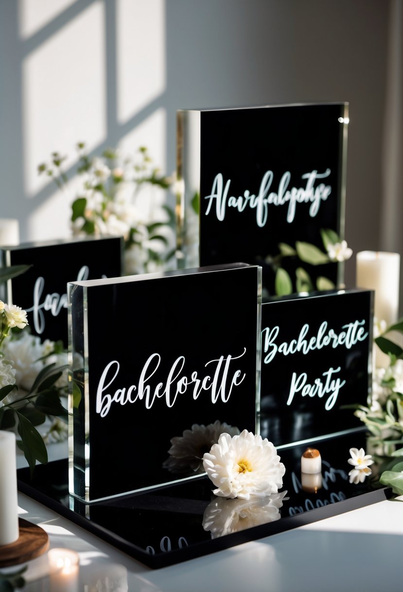Several black acrylic signs with white calligraphy arranged on a surface with floral accents and candles.