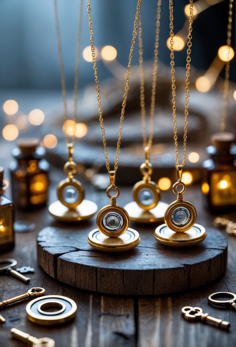 Close-up of gold Time-Turner necklaces arranged on a wooden table with small magical decorations and soft glowing lights.