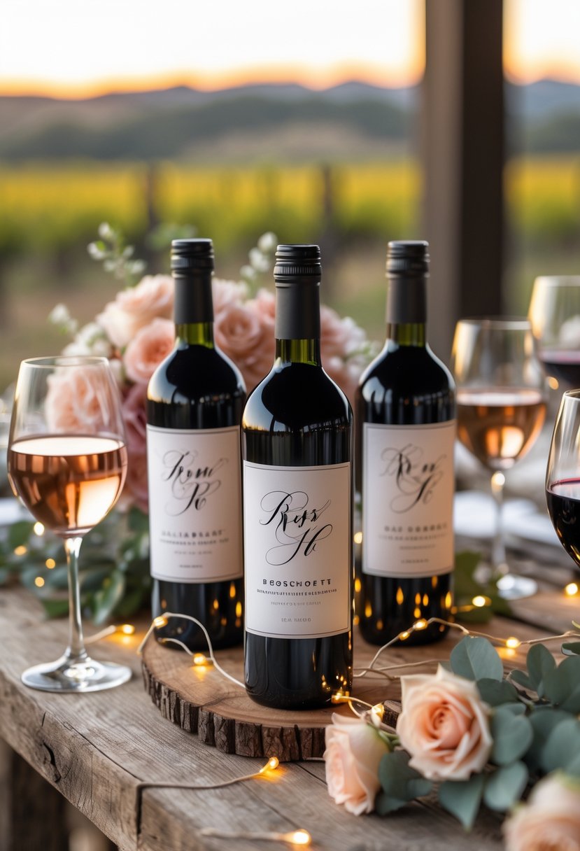 A table at a winery with wine bottles featuring personalized labels, surrounded by flowers, wine glasses, and soft lighting.