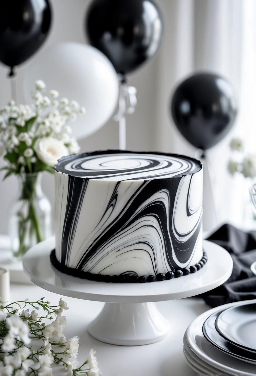 A black and white marble patterned cake on a white surface with blurred party decorations in the background.