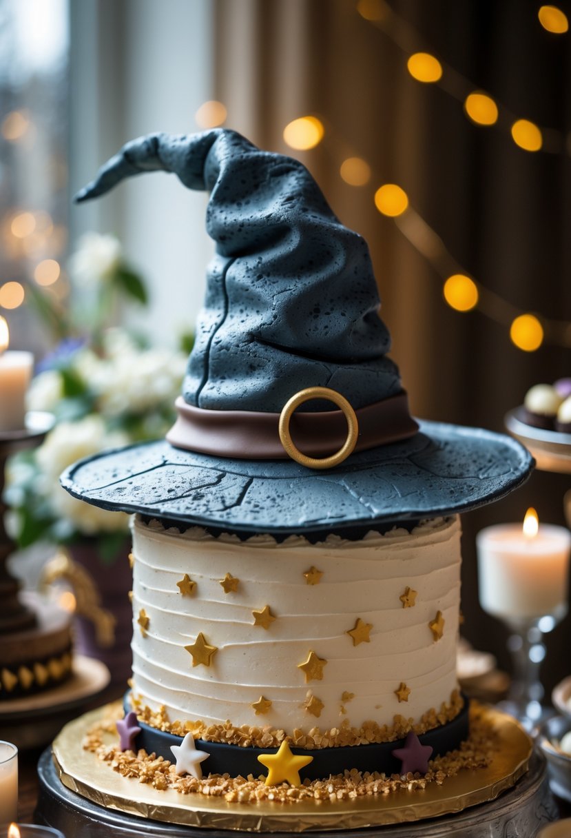 A detailed Sorting Hat cake topper on a decorated cake surrounded by magical party decorations.