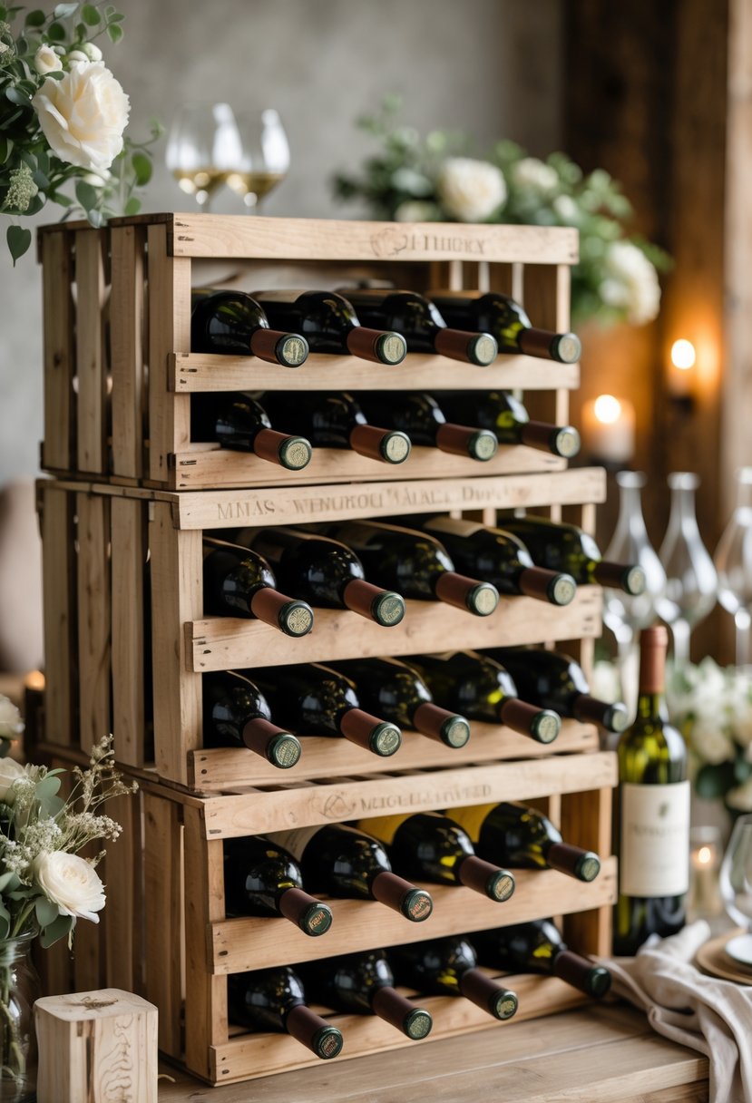 Rustic wooden crates stacked to display wine bottles on a wooden surface with floral decorations and wine glasses nearby.