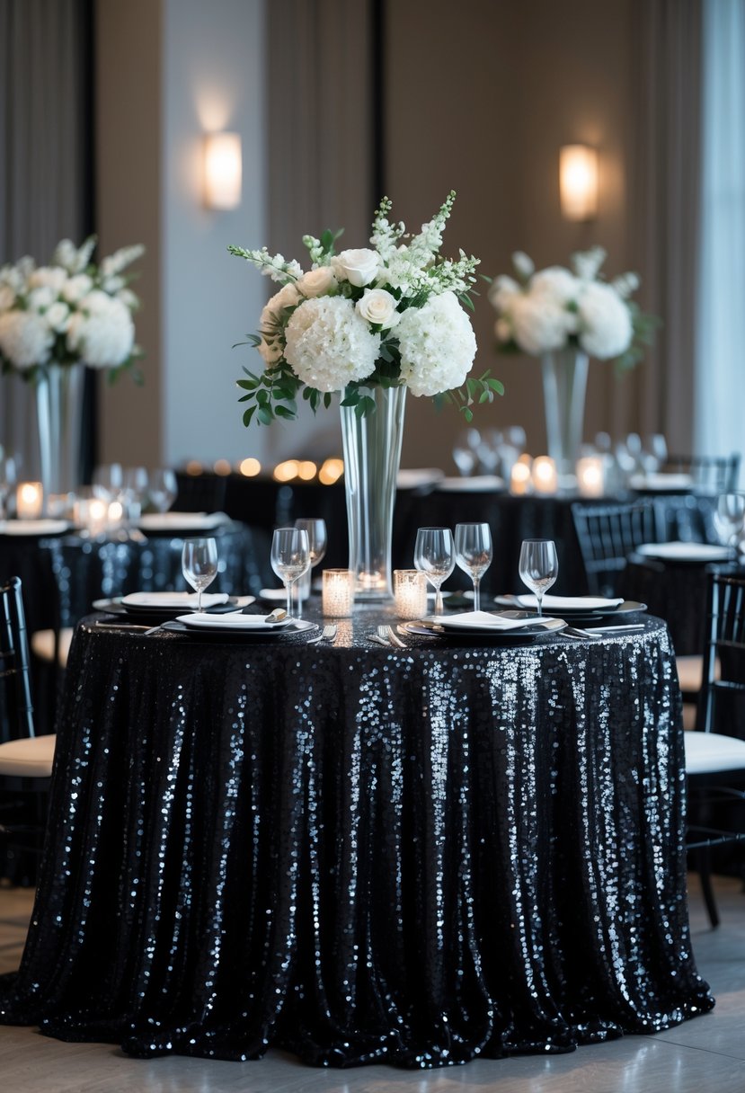 Cocktail tables covered with black sequin tablecloths, decorated with white floral arrangements and black and white tableware in a party setting.