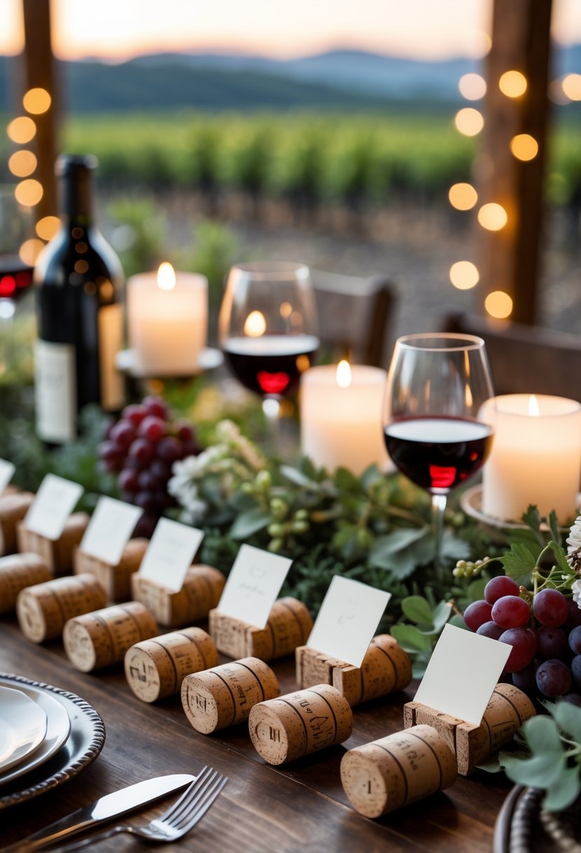 A wooden table set with wine cork place card holders, wine glasses, candles, and greenery at a winery-themed party.