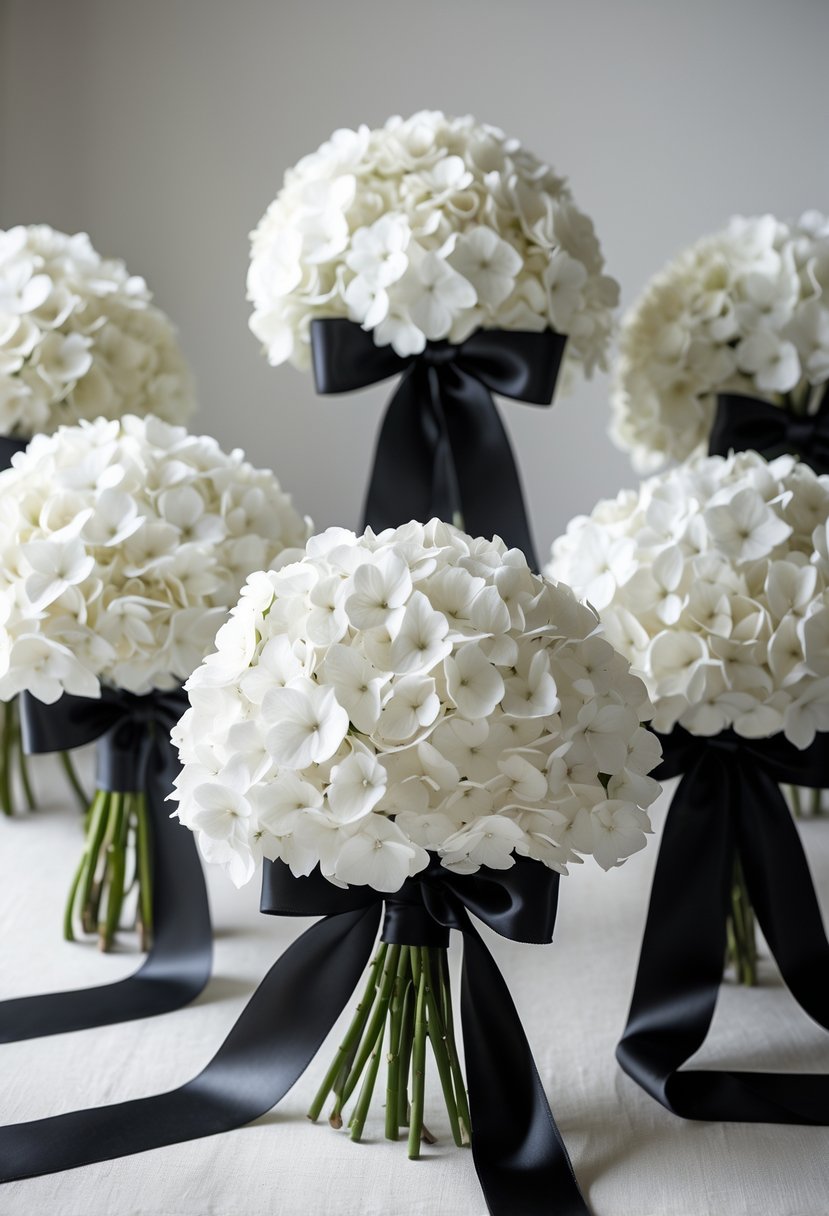 White hydrangea bouquets tied with black satin ribbons arranged against a neutral background.
