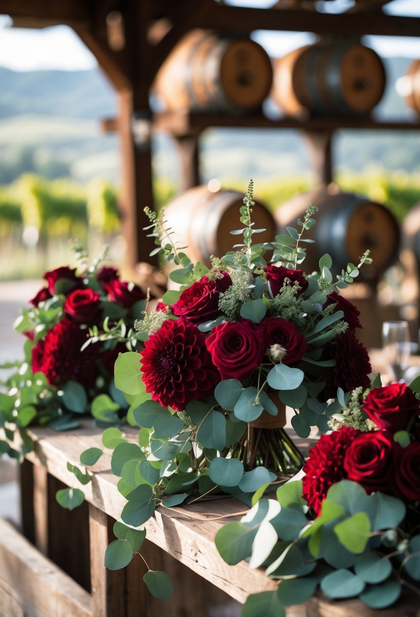 Deep red floral arrangements with eucalyptus on wooden tables in a winery setting.