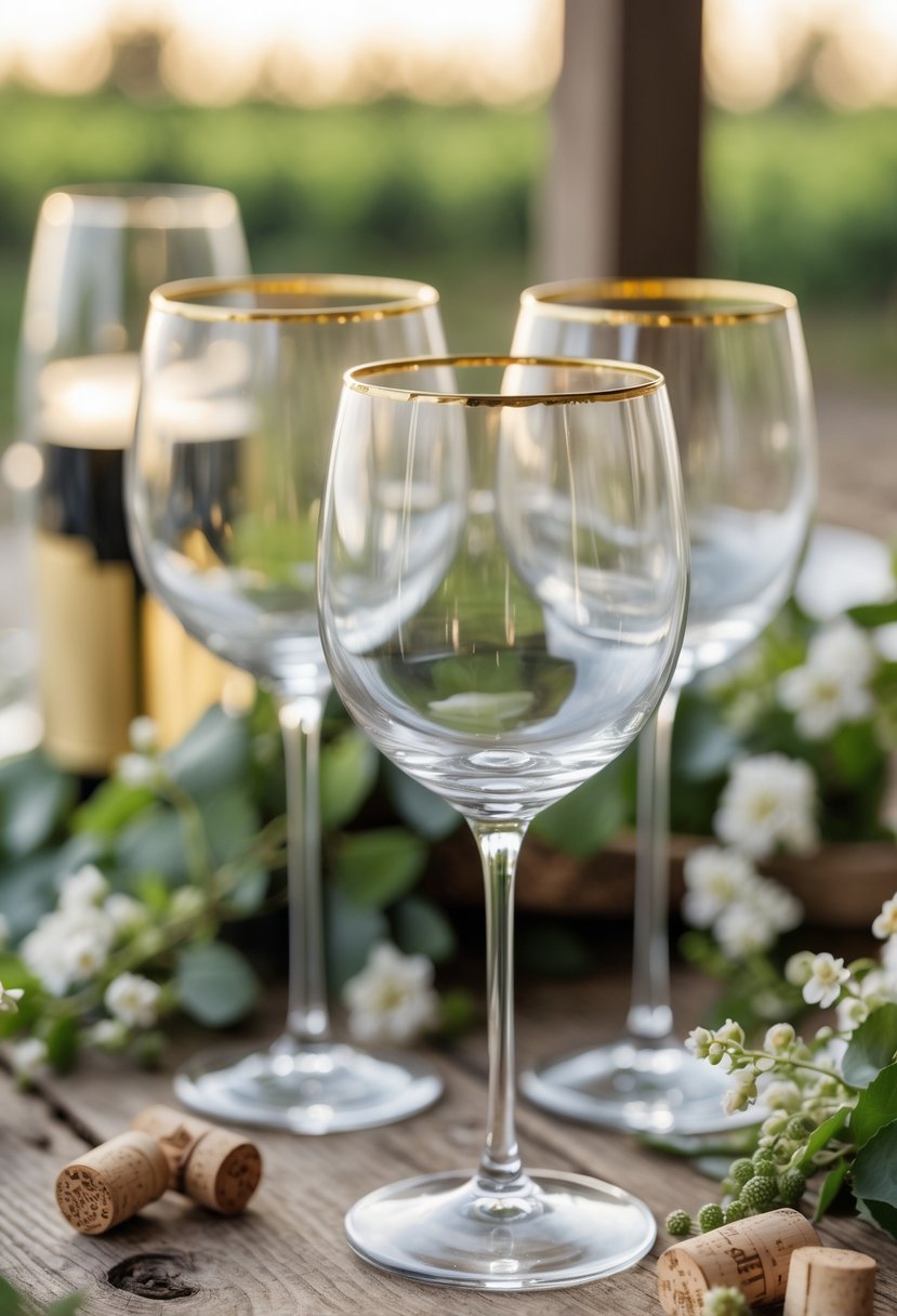 Gold-rimmed wine glasses arranged on a wooden table with greenery and small white flowers in a winery setting.