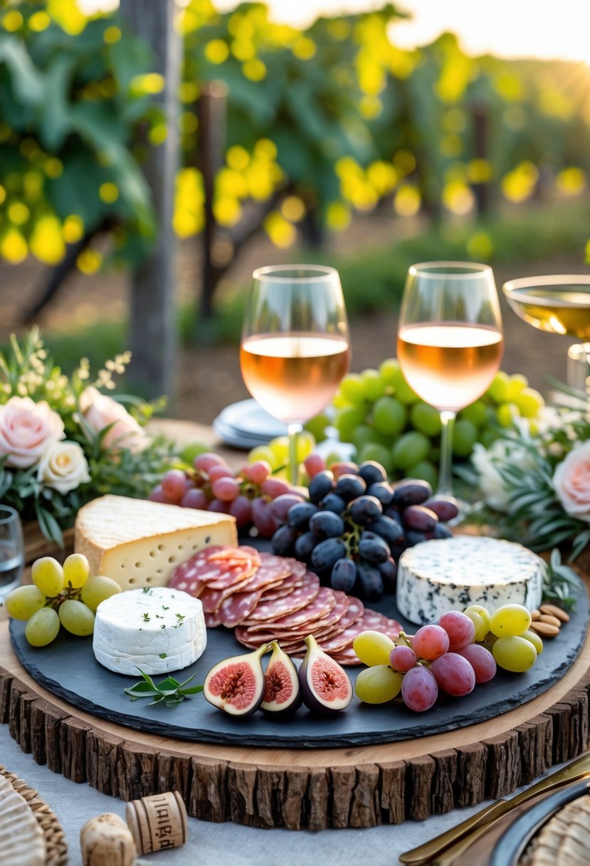A vineyard-inspired cheese and charcuterie board with assorted cheeses, meats, grapes, and wine glasses on a wooden table set outdoors near grapevines.