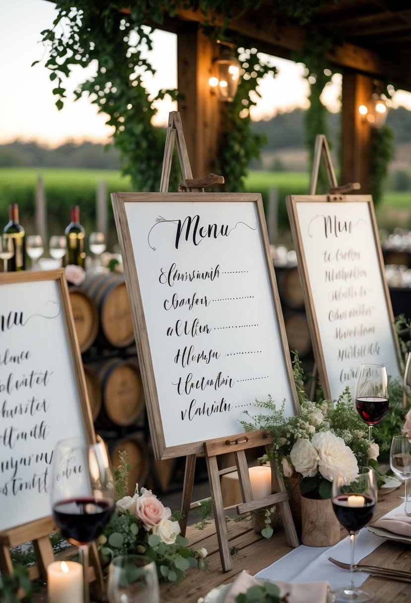 Calligraphy menu boards on wooden easels surrounded by wine glasses, flowers, and winery decor at an outdoor celebration.
