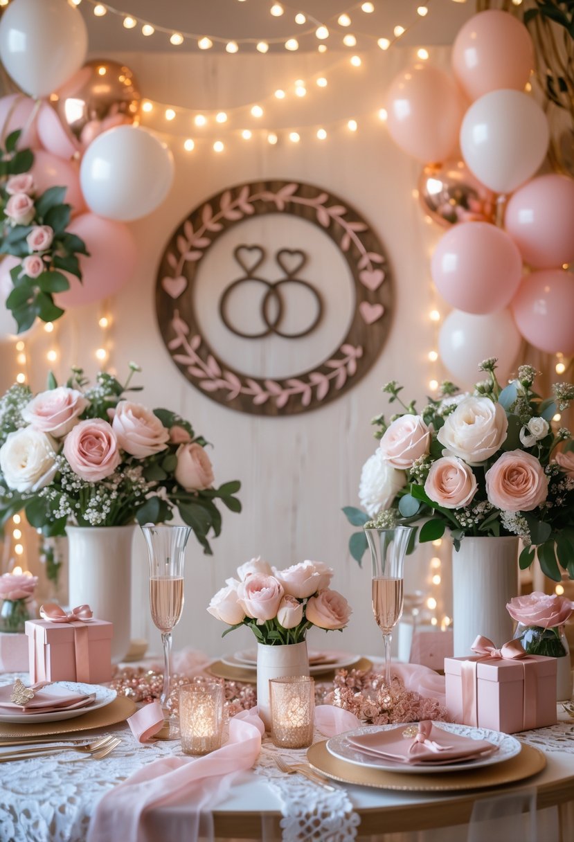 A decorated indoor space for a bachelorette party with string lights, balloons, floral arrangements, candles, and gift boxes.