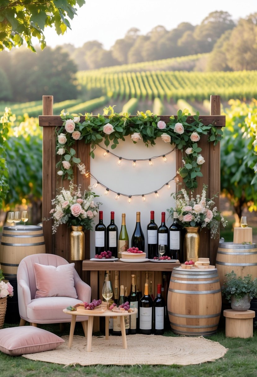 An outdoor vineyard photo booth setup with wine barrels, bottles, glasses, floral decorations, and string lights creating a festive party scene.