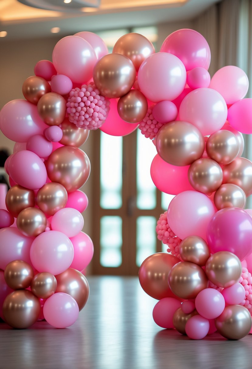 A pink balloon arch made of metallic and matte balloons in different sizes, arranged indoors for a festive party.