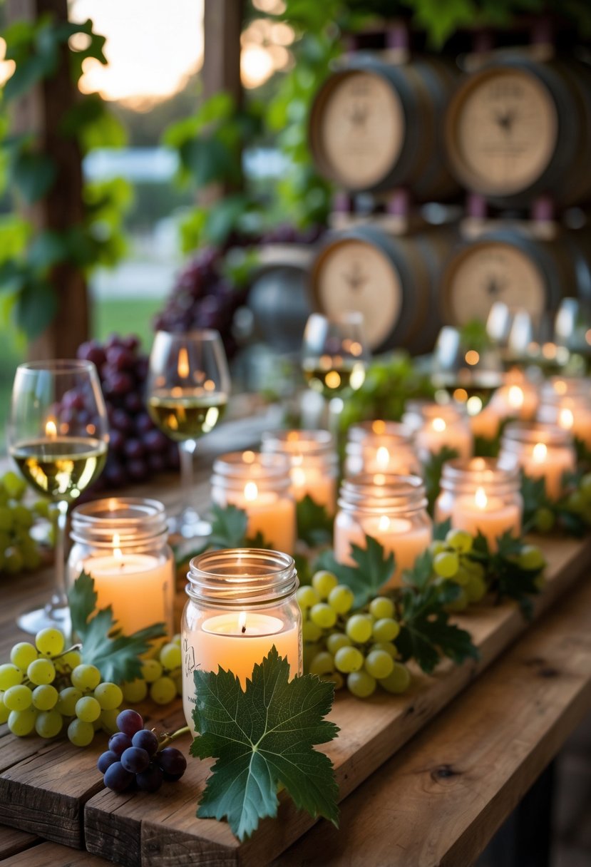 Mason jar candle holders decorated with grape leaves on a wooden table surrounded by grapes and winery decor.