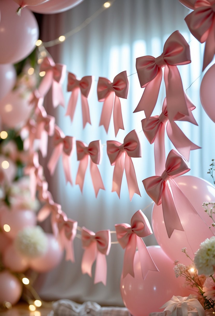 Soft pink satin bows tied on a banner hanging in a decorated room with balloons and flowers.