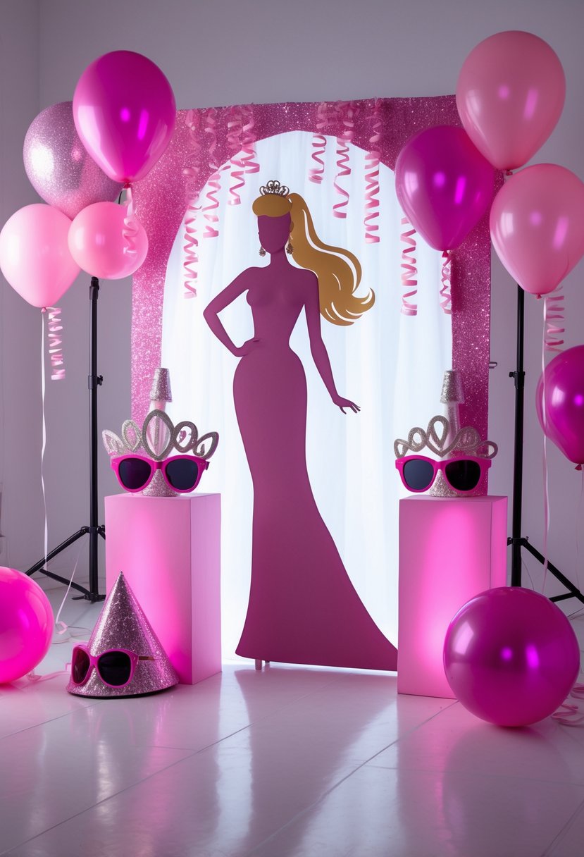 A photo booth backdrop featuring a large Barbie silhouette surrounded by pink balloons and party decorations for a bachelorette party.