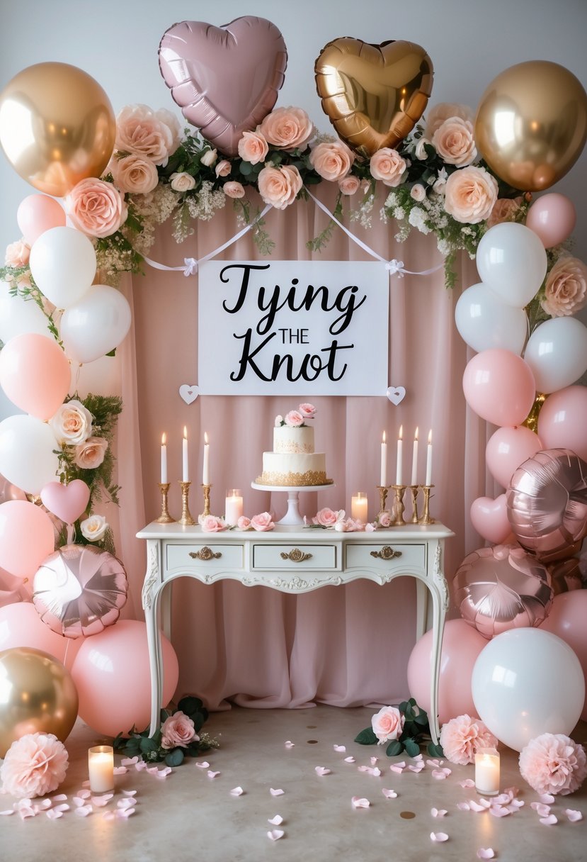 A decorated party backdrop with floral garlands, balloons, candles, and rose petals arranged for a romantic bachelorette celebration.