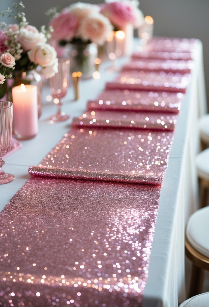 Close-up of glittery pink table runners with sequin overlays on a decorated table.