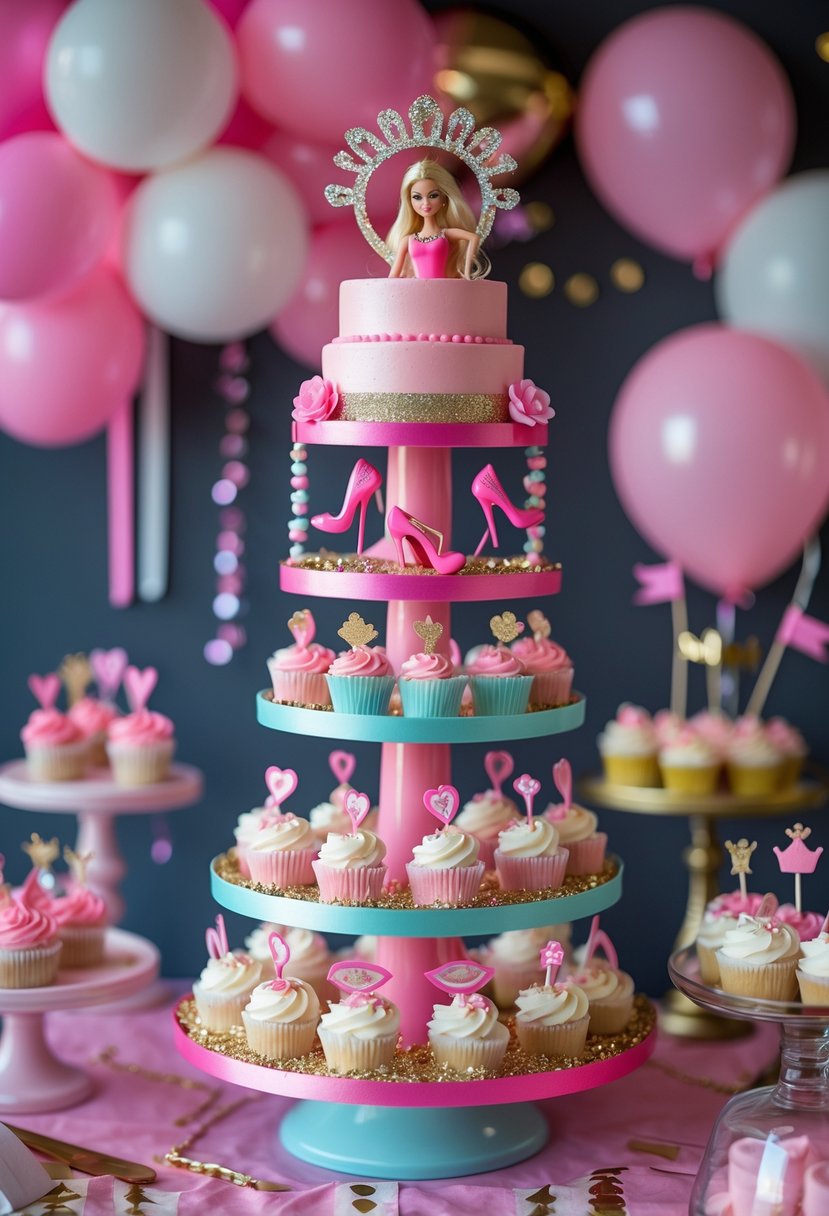 A cake stand decorated with Barbie-themed cupcakes and miniature Barbie dolls surrounded by party decorations.