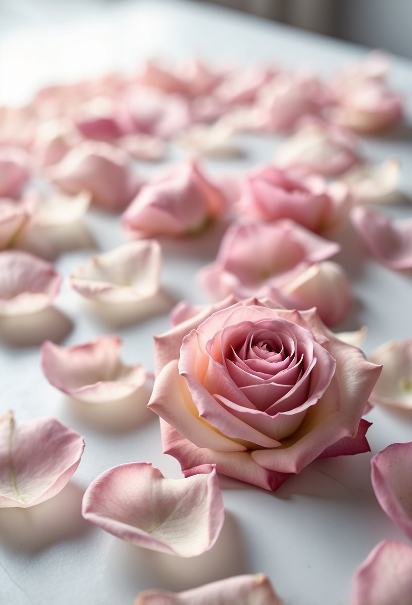 Close-up of blush pink rose petals scattered on a white table.