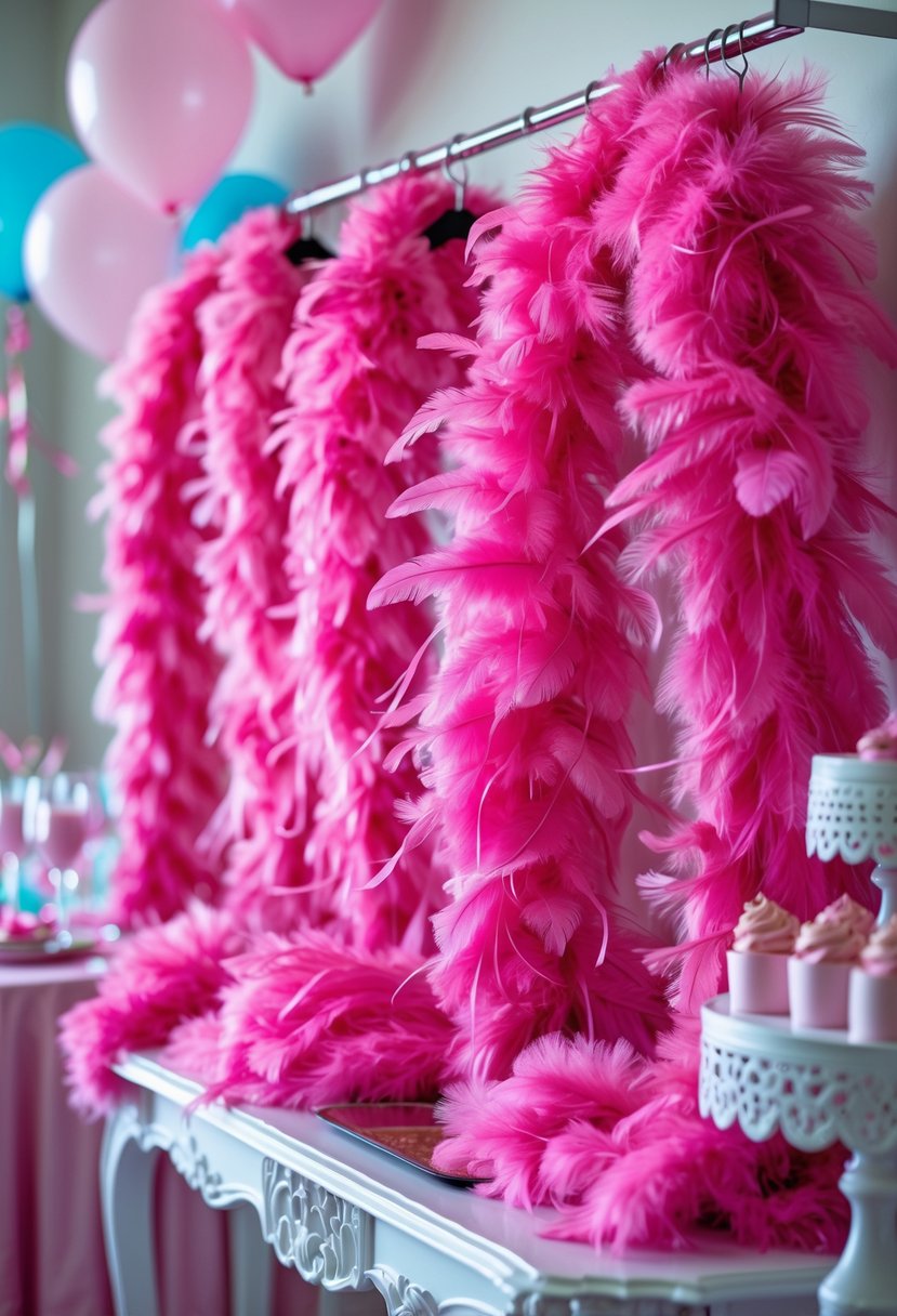 Hot pink feather boas displayed for guests at a festive party setting.