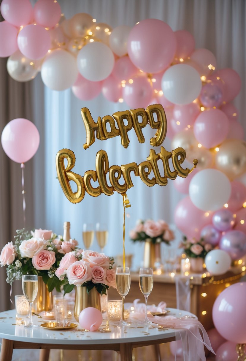 A festive bachelorette party setup with gold script balloon, pastel balloons, flowers, and party decorations on a decorated table.