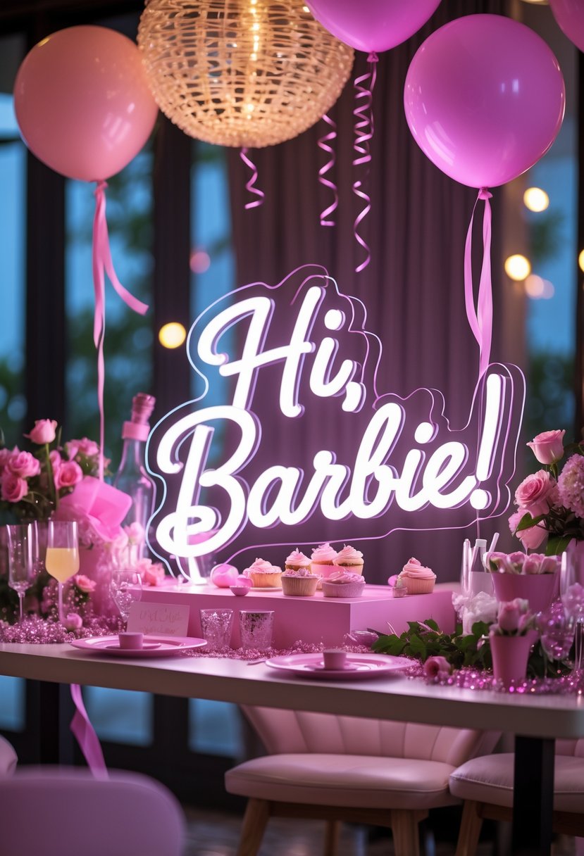 A brightly lit party setup with a glowing neon sign and pink-themed bachelorette party decorations including balloons, flowers, and festive tableware.