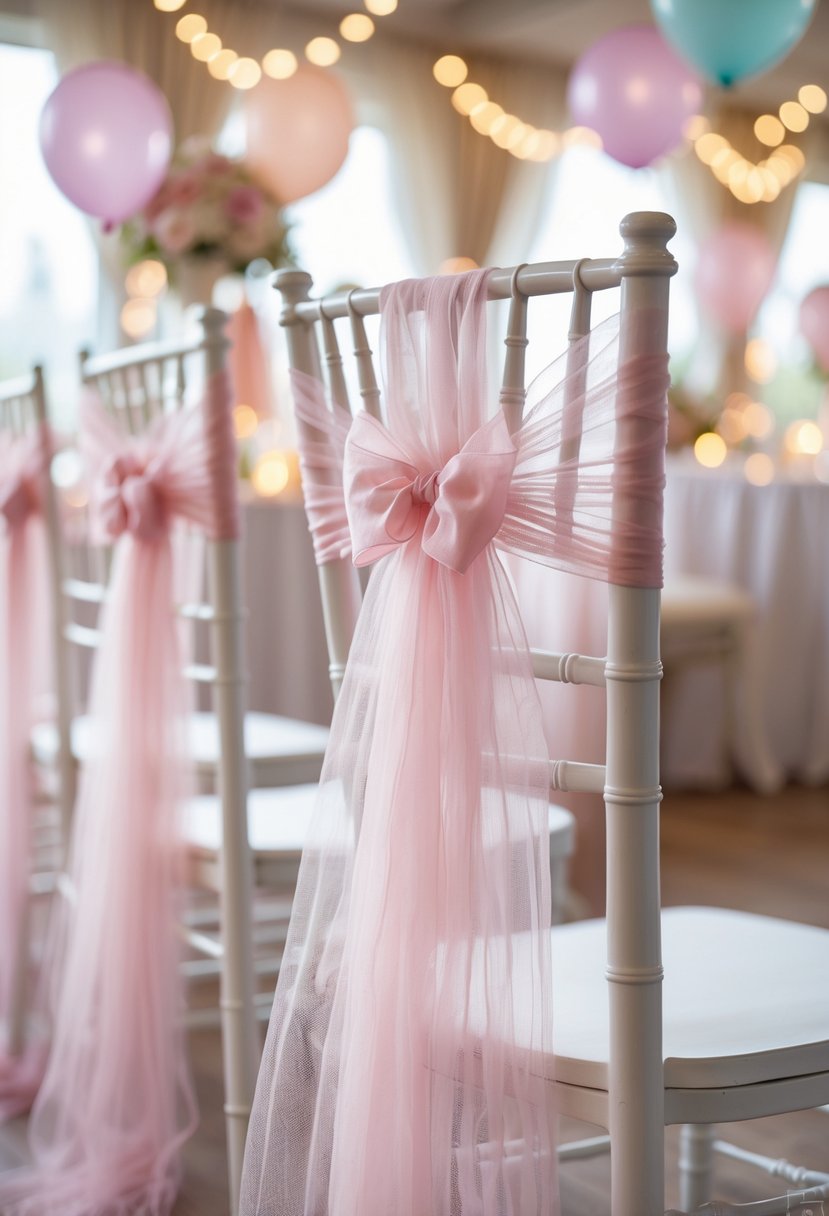 White chairs decorated with sheer tulle sashes tied into bows in a softly lit party venue with balloons and flowers.