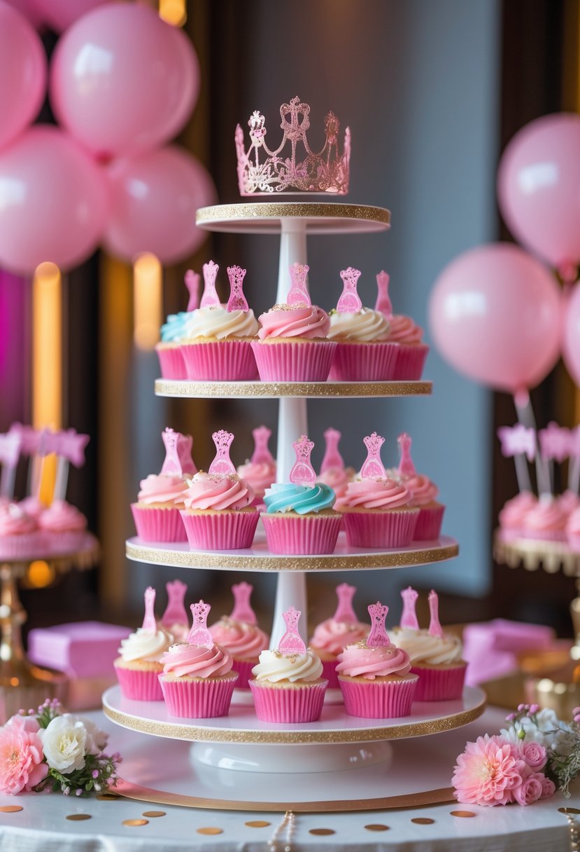 Tiered cupcake display decorated with pink and pastel cupcakes featuring small party-themed decorations on a table with balloons and flowers.