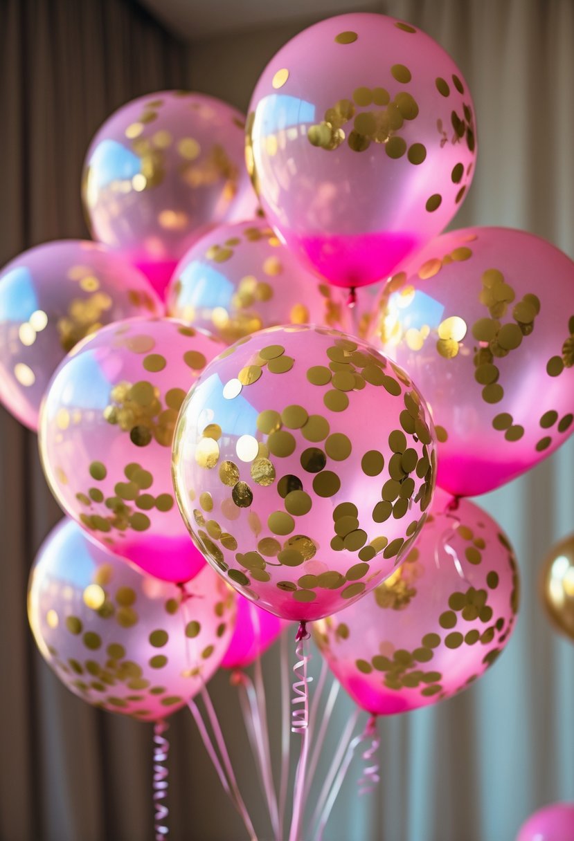 A cluster of pink and gold confetti-filled balloons arranged for a festive celebration.