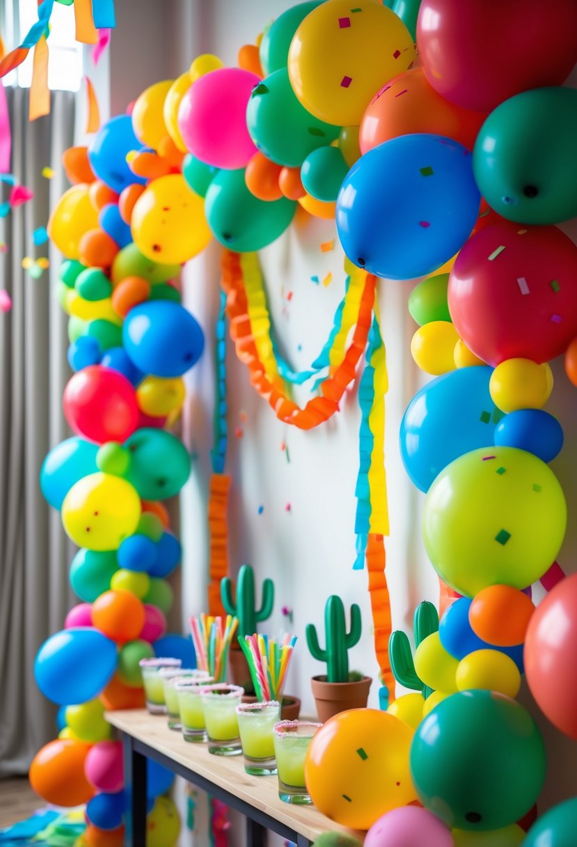 Colorful balloon garlands in fiesta colors decorating a party space with margarita-themed table decorations.