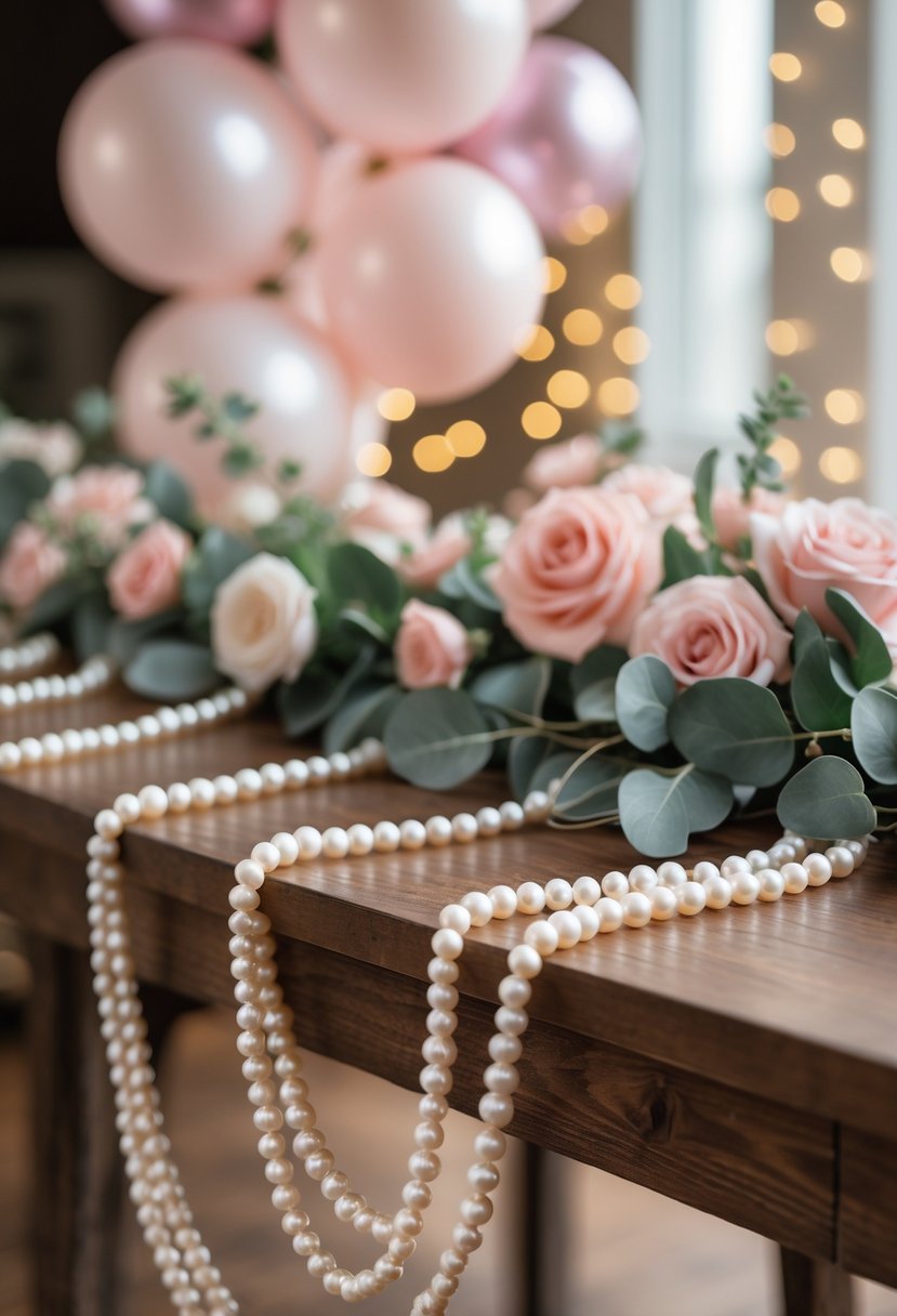 A pearl string garland draped on a wooden table with pink roses and eucalyptus leaves, surrounded by pastel balloons and fairy lights.