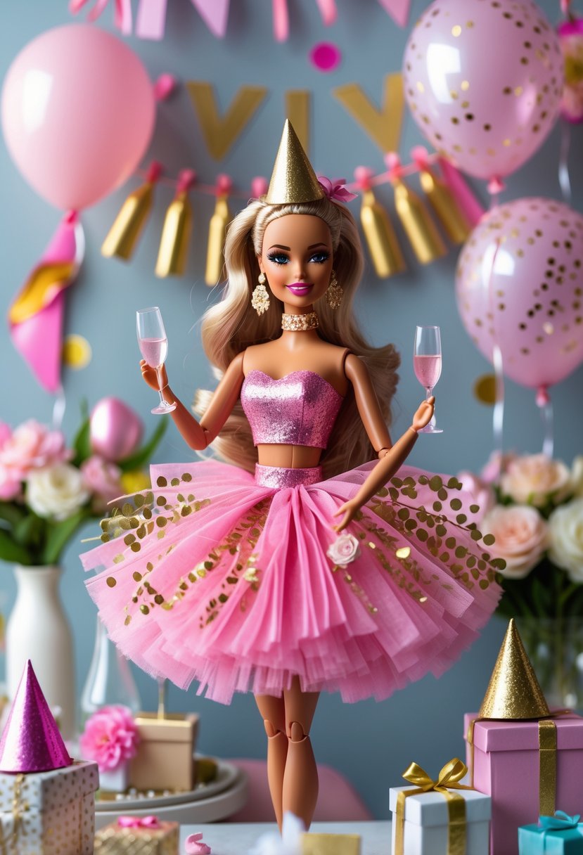 A Barbie doll centerpiece surrounded by bachelorette party decorations including balloons, confetti, and party accessories on a decorated table.
