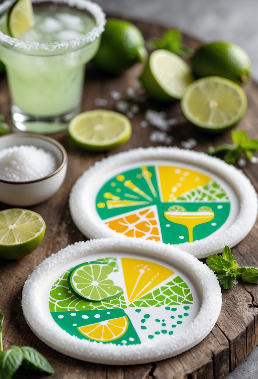 Close-up of margarita salt rim coasters with lime slices and salt on a wooden table.