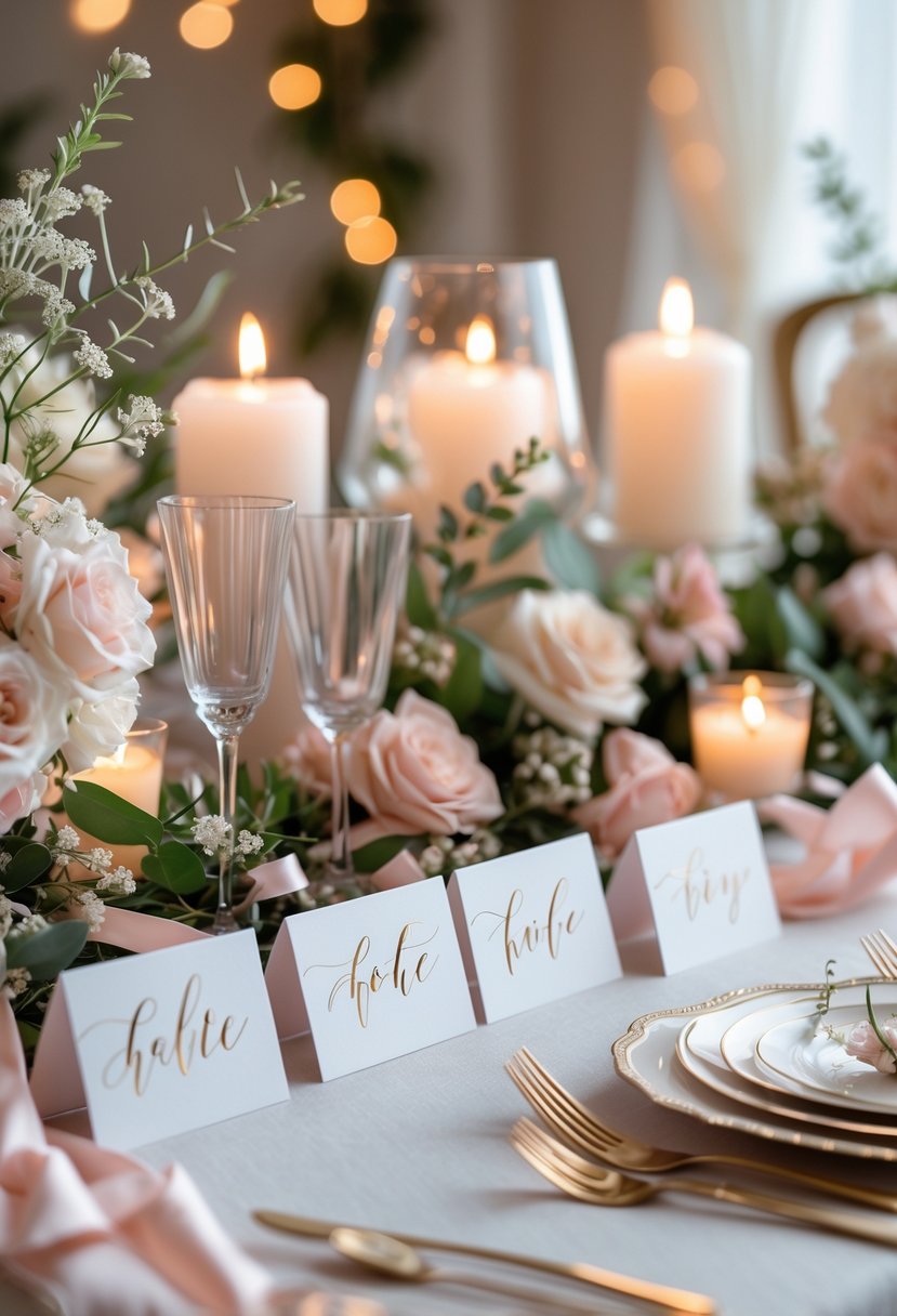A table with personalized calligraphy place cards surrounded by flowers and candles at a bachelorette party celebration.