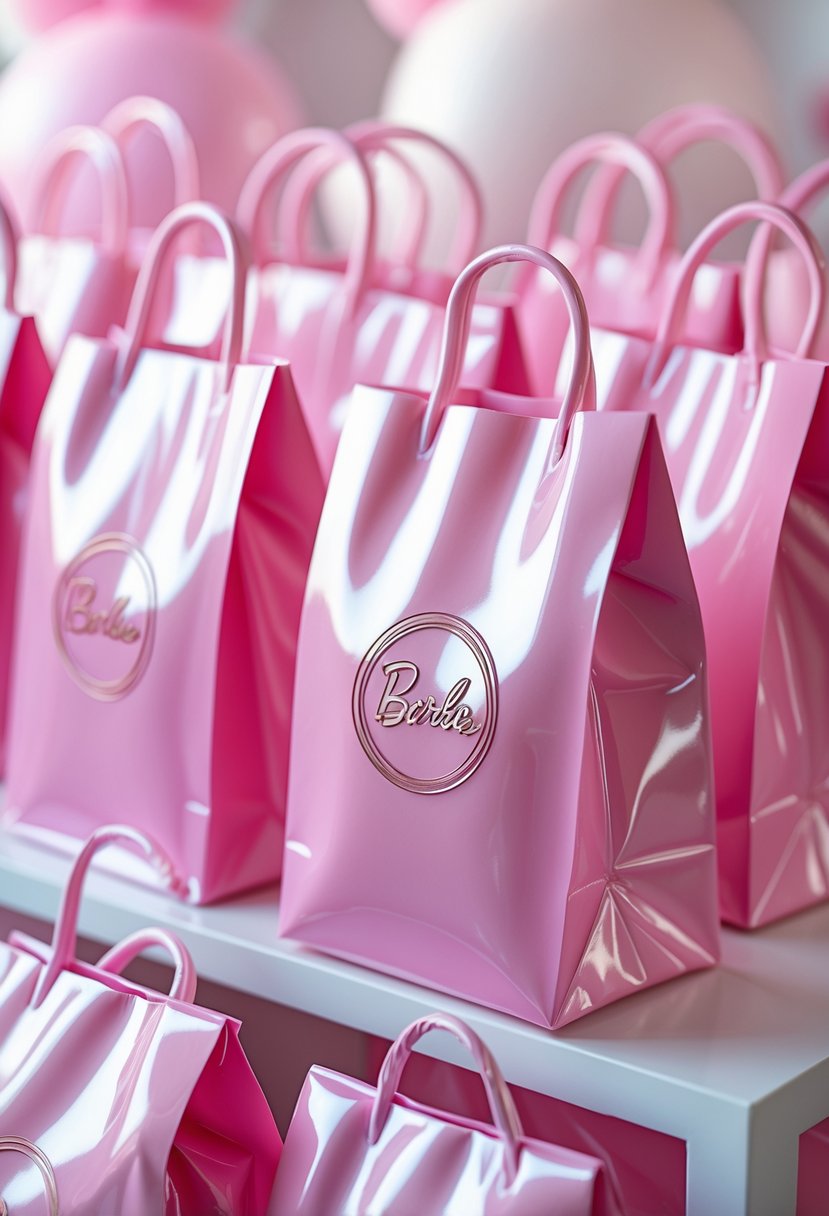 Glossy pink favor bags with a Barbie-inspired logo arranged on a white surface.