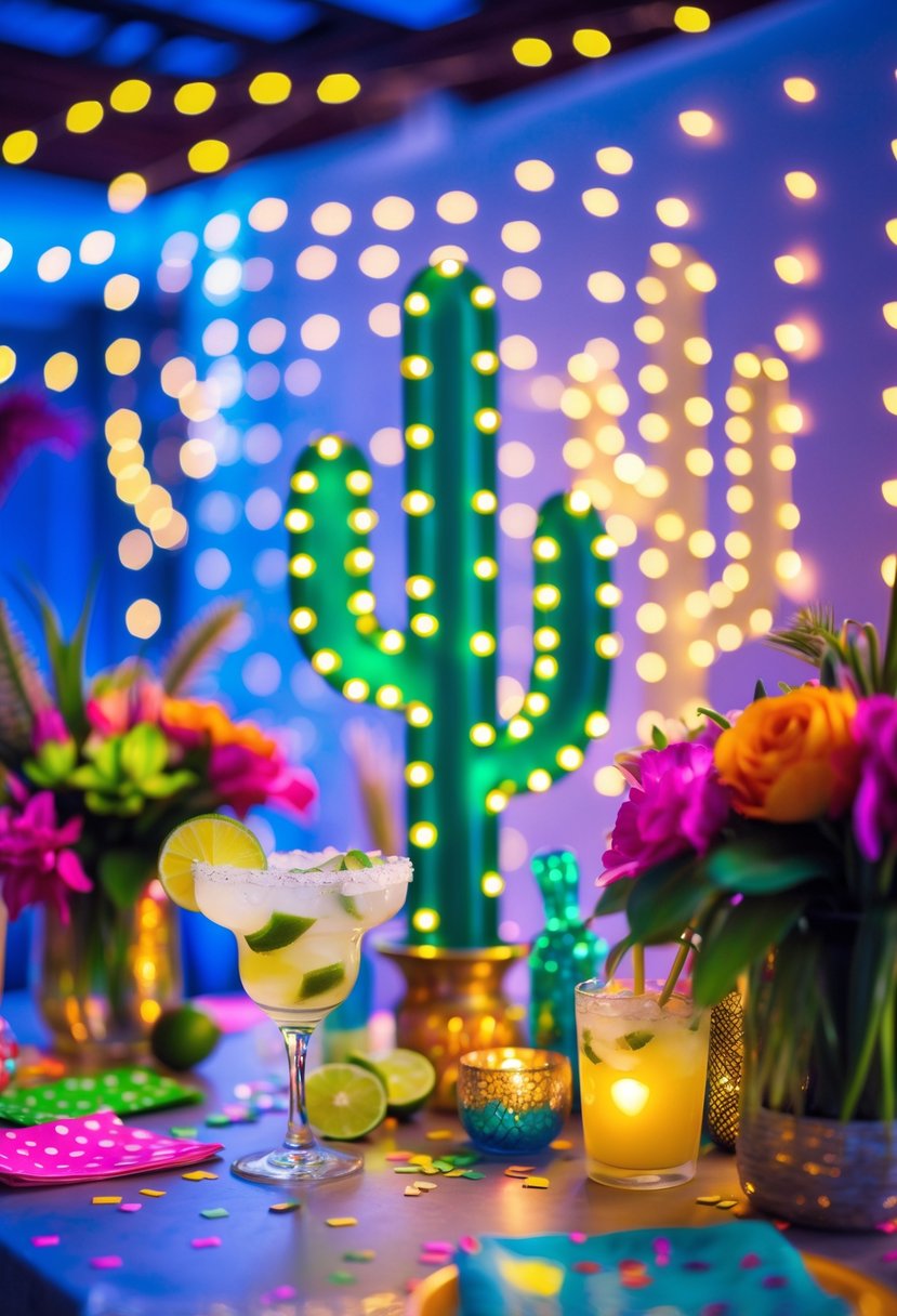 A festive party scene with glowing cactus-shaped LED string lights and margarita-themed decorations including colorful drinks and tropical flowers.