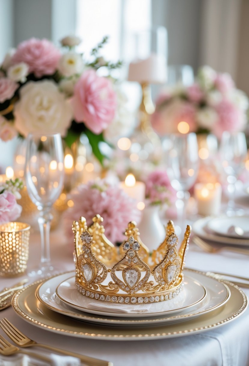 A table set for a bachelorette party with gold tiaras at each place, surrounded by flowers, candles, and elegant tableware.