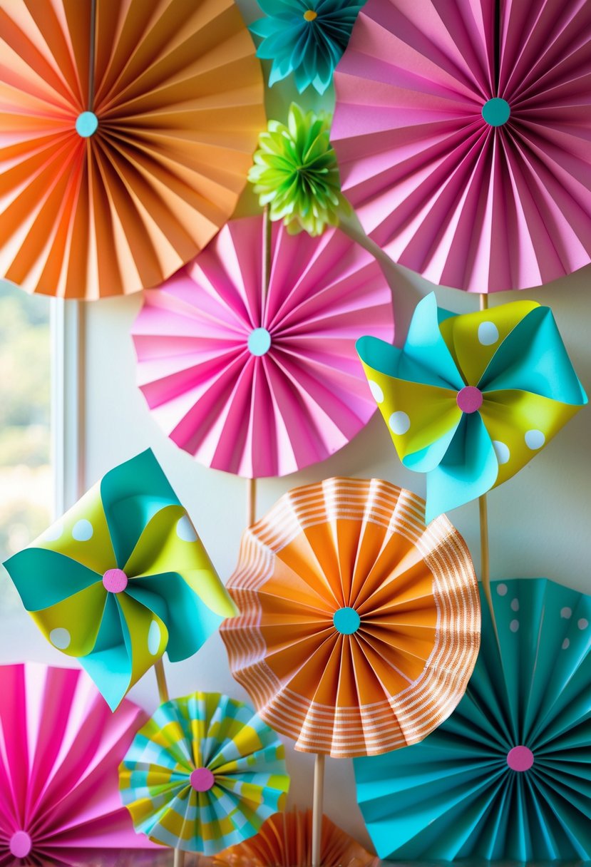Colorful paper fans and pinwheels arranged as festive party decorations in bright pink, orange, green, and turquoise colors.