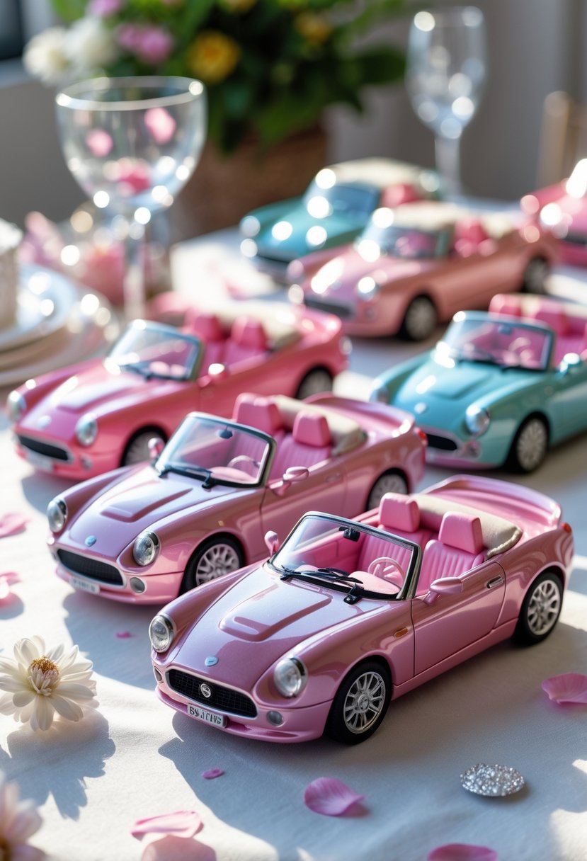 Miniature Barbie cars arranged as table decorations with party confetti and flower petals on a light table surface.