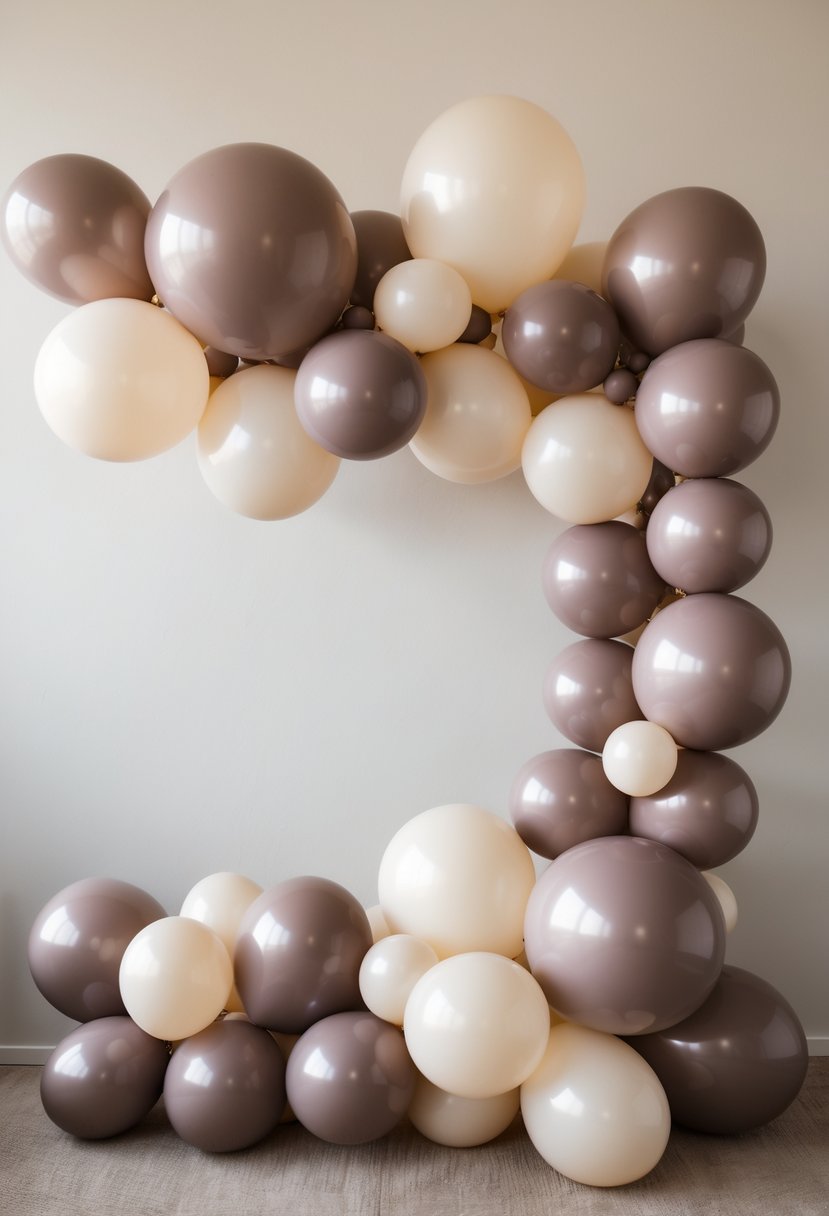 A balloon garland made of dusty rose and ivory balloons arranged against a neutral background.