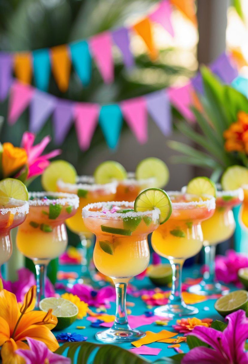 A table with personalized margarita glasses filled with colorful drinks, decorated with lime wedges, salt rims, confetti, and tropical flowers for a bachelorette party.