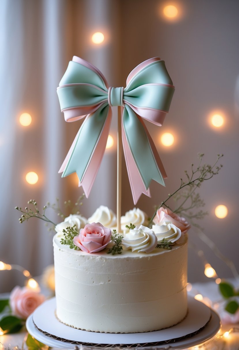 A white frosted cake topped with a large pastel-colored bow, surrounded by rose petals and soft lights.