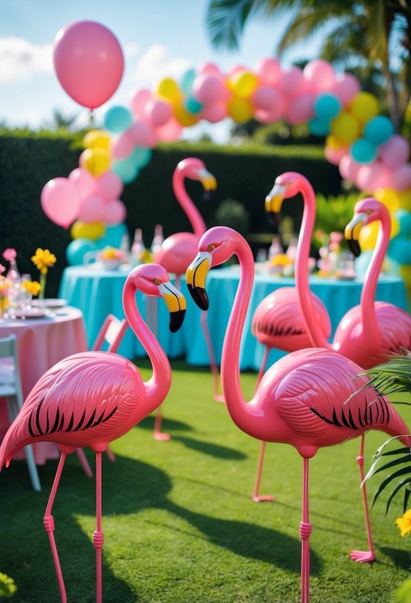 Pink flamingo lawn ornaments arranged on a green lawn with colorful party decorations in the background.