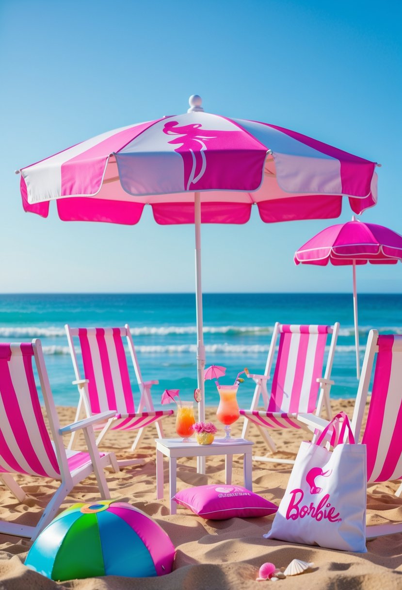 A beach setup with a pink and white striped umbrella and matching chairs on sand near the ocean.