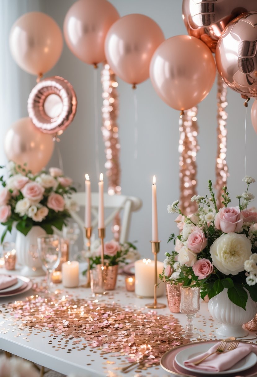 A table decorated with rose gold glitter confetti, balloons, flowers, and candles for a bachelorette party.