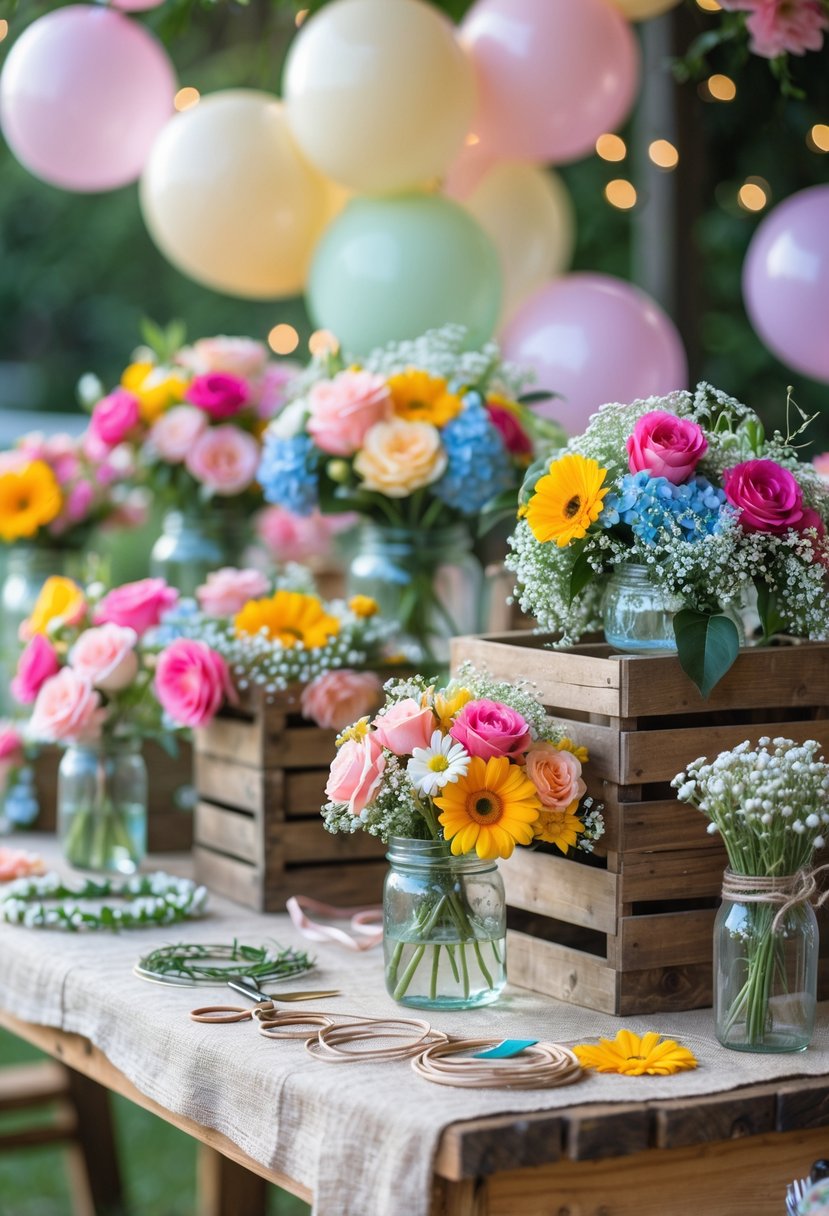 A table set up with fresh flowers, ribbons, and craft supplies for making floral crowns at a bachelorette party.