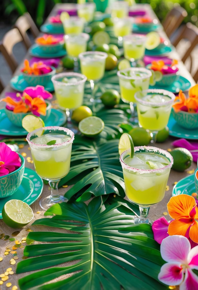 A festive outdoor table decorated with tropical leaf runners, margarita glasses with lime garnishes, tropical flowers, and bright party decorations.