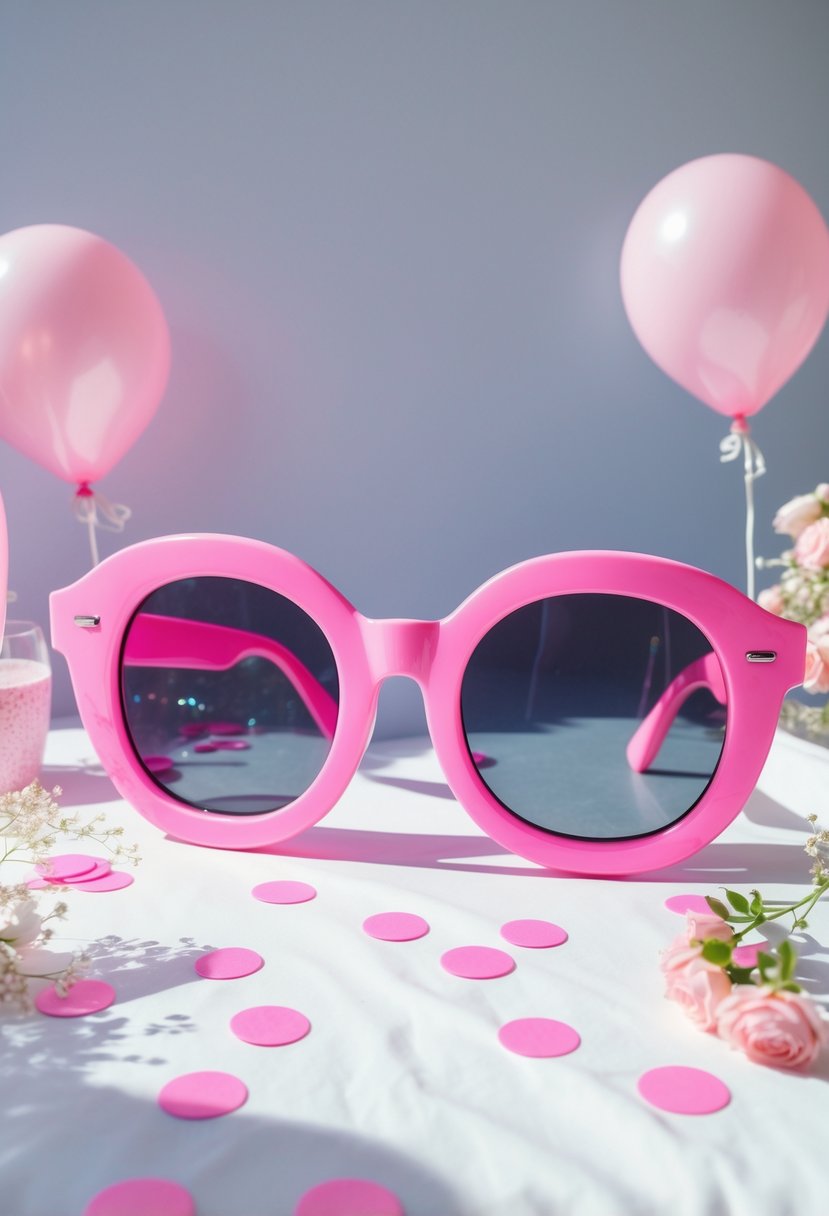 Large oversized pink sunglasses prop placed on a white surface with pink confetti and balloons around it.